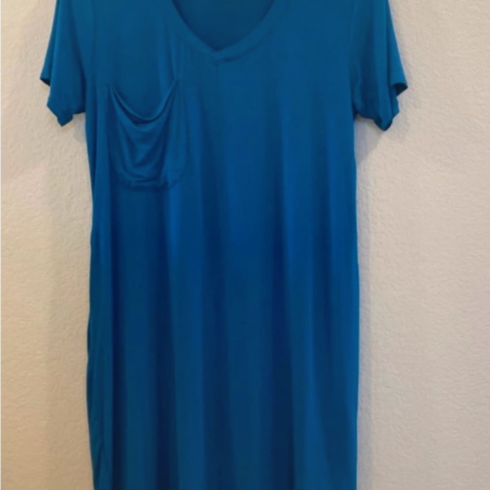 Women's V-Neck Short Sleeve Dress with Pocket - Blue